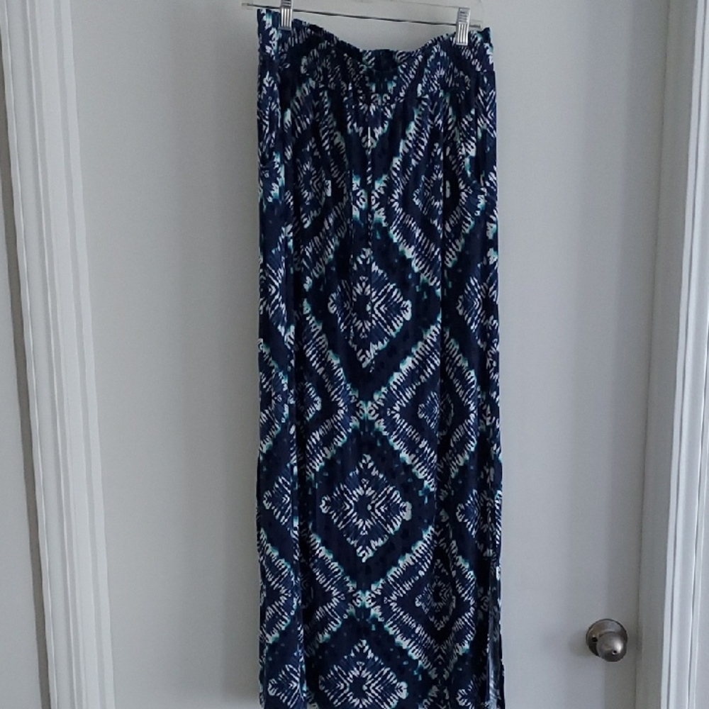 Blue and White Smocked Maxi Pencil Skirt L